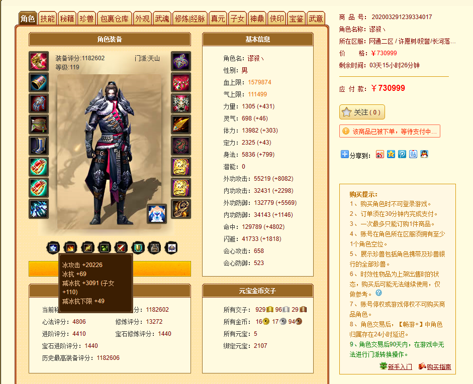 天龍八部：全服最火角色118萬評分二進階天山，滿重樓售價73萬