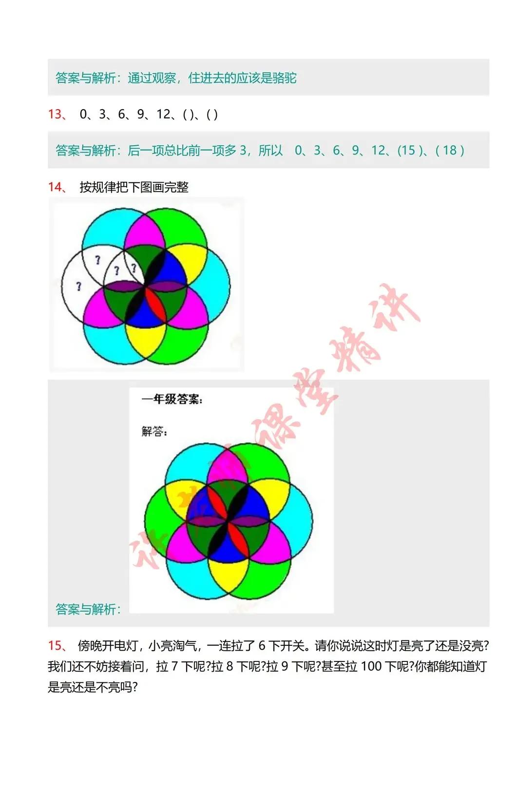 小學數學一年級數學思維邏輯題精選30道(附答案)