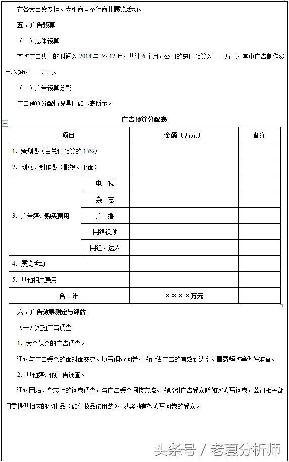 化妝品產品廣告策劃書、營銷目標方案及廣告預算分配