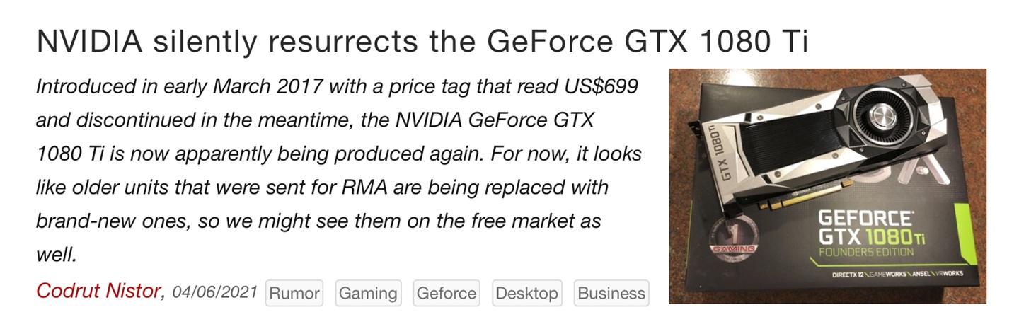 外媒:英偉達 GTX 1080 Ti 顯卡重現江湖