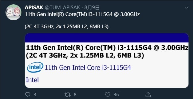 英特爾11代酷睿 i3-1115G4參數曝光 主頻3GHz
